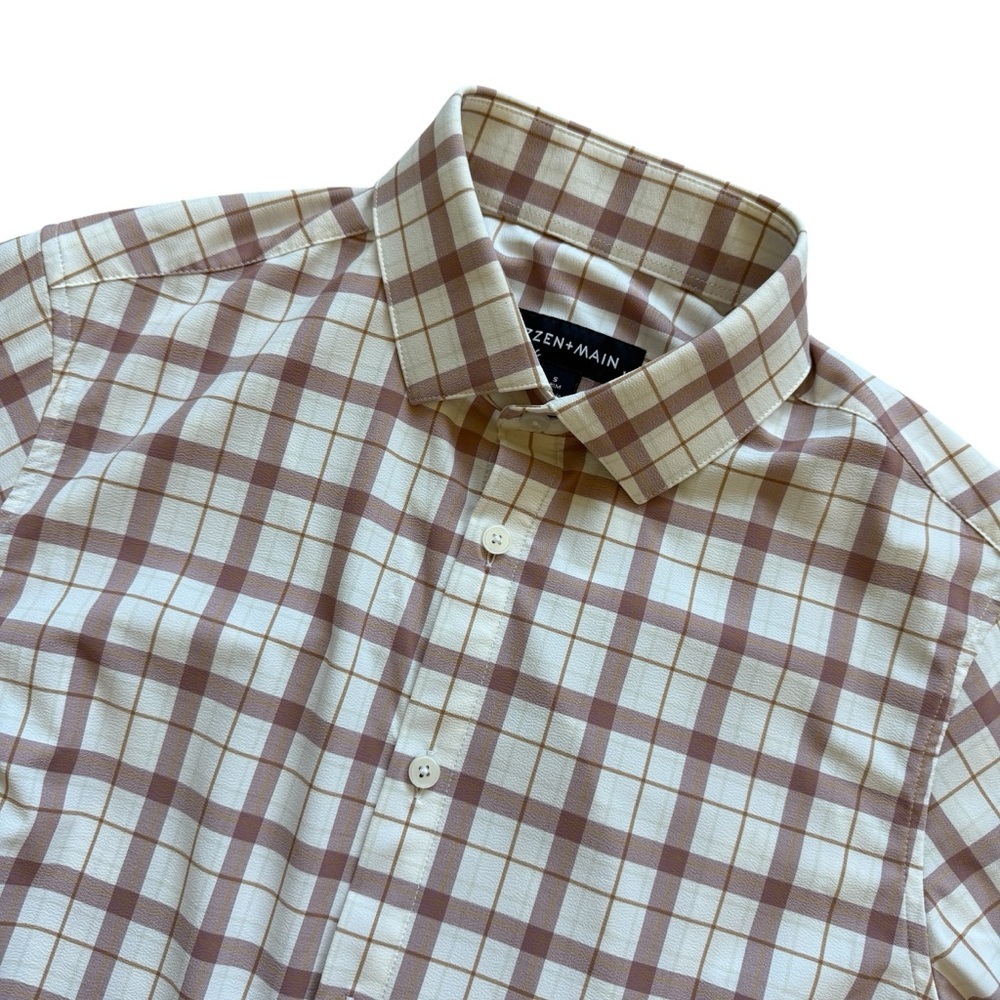 Mizzen+Main Leeward Performance Dress Shirt Plaid Trim Fit Mens S Cream Maroon